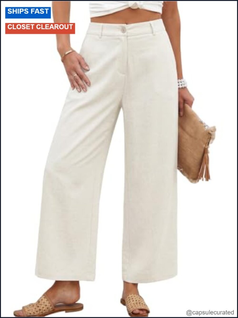Linen Blend Wide Leg Cropped Trousers with Pockets